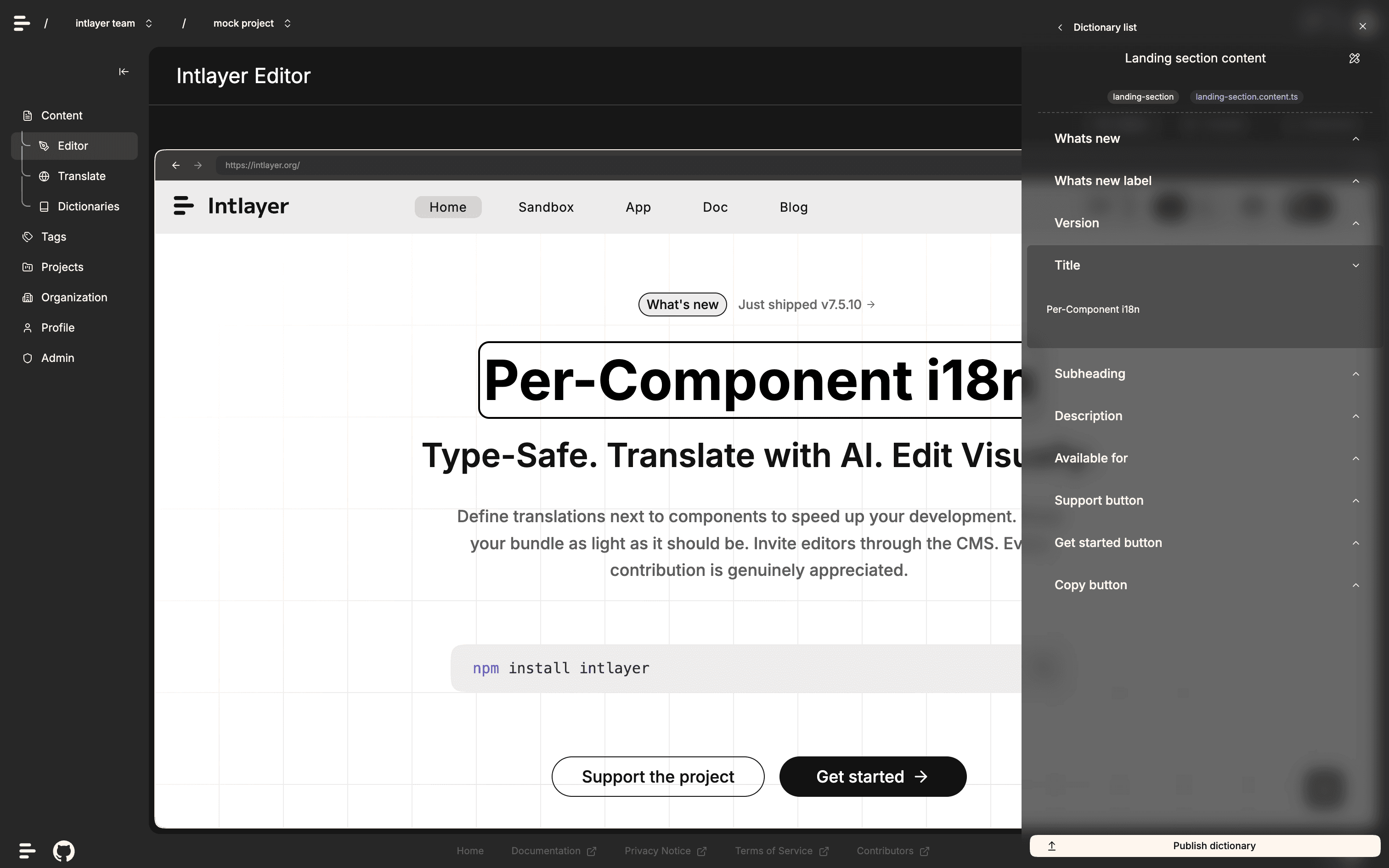 Intlayer CMS - Visual content management interface